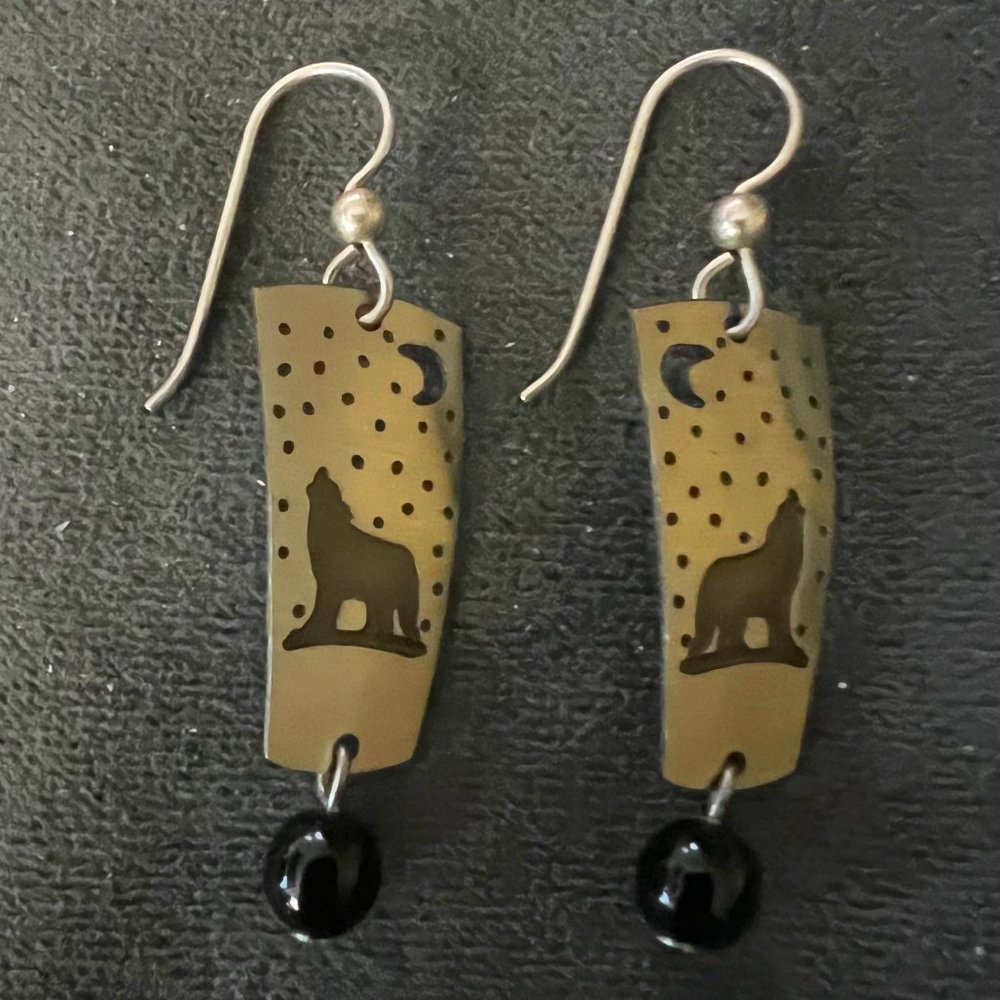 Anthropologie Brush Silver Howling Wolf & Moon Drop Pierced Earrings NWOT